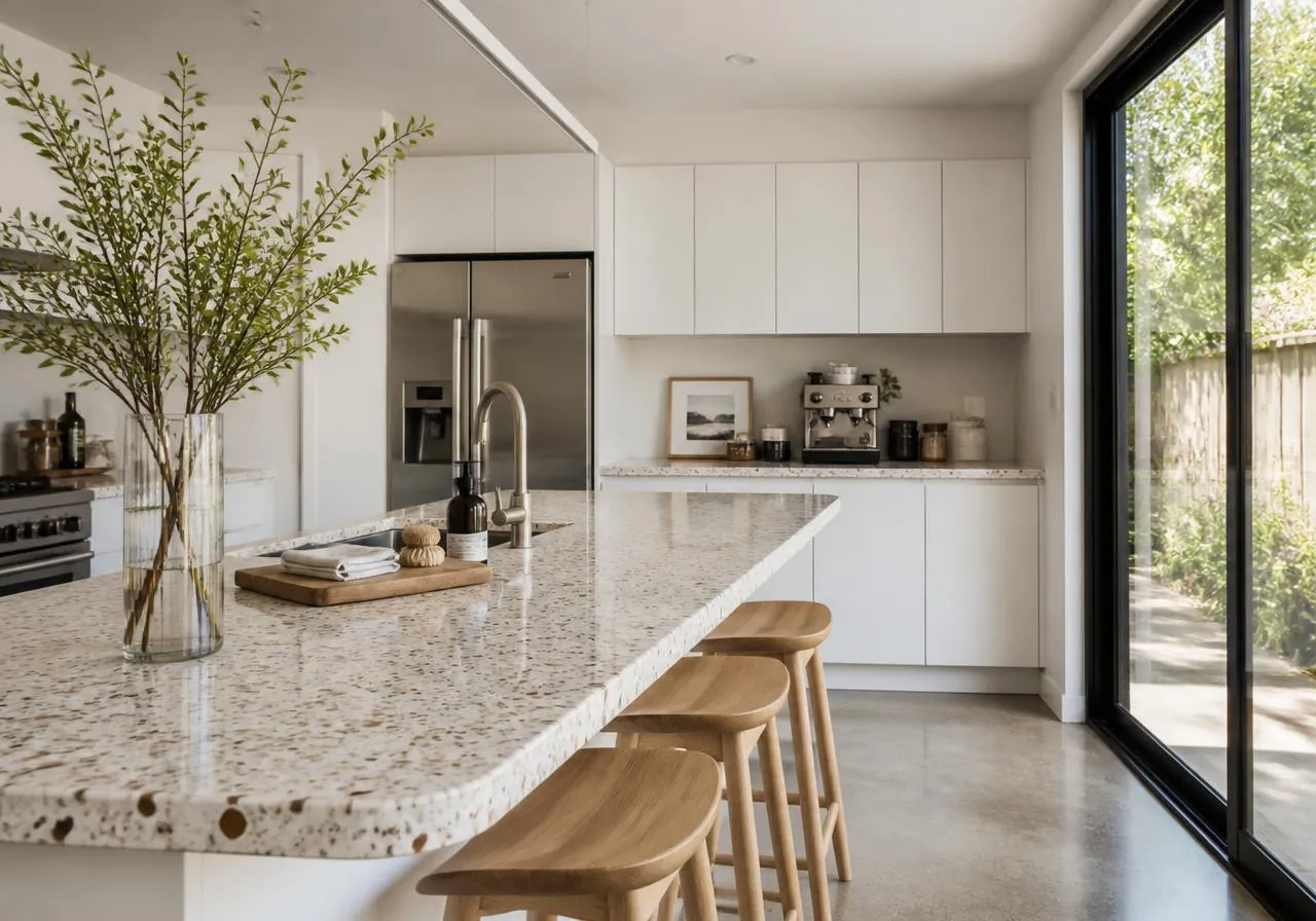 Bright white kitchen with a speckled terrazzo patterned worktop on the breakfast island