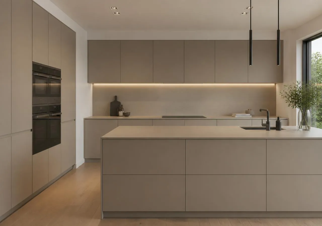 Handleless taupe kitchen with a slim, plain contemporary worktop and integrated appliances