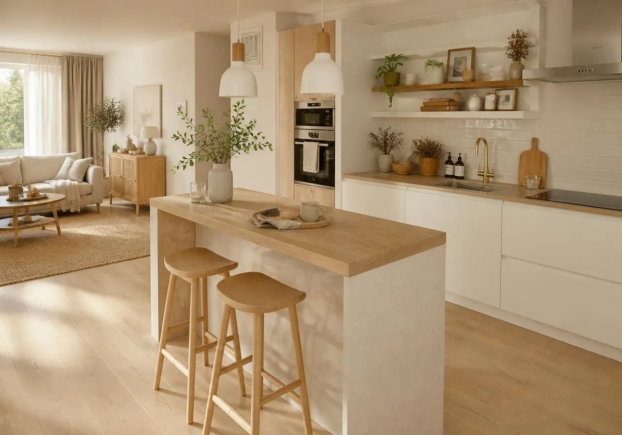 Scandinavian kitchen with a light oak wood effect worktop and breakfast bar