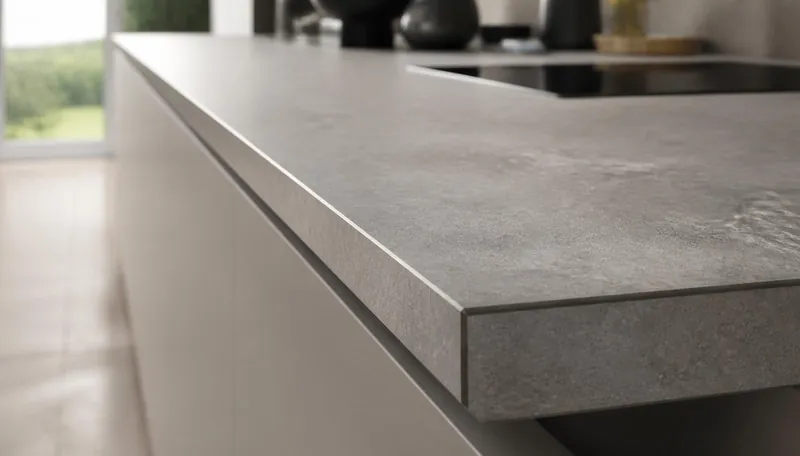 Close-up of a kitchen worktop showing the crisp square leading edge profile with a bonded edging strip