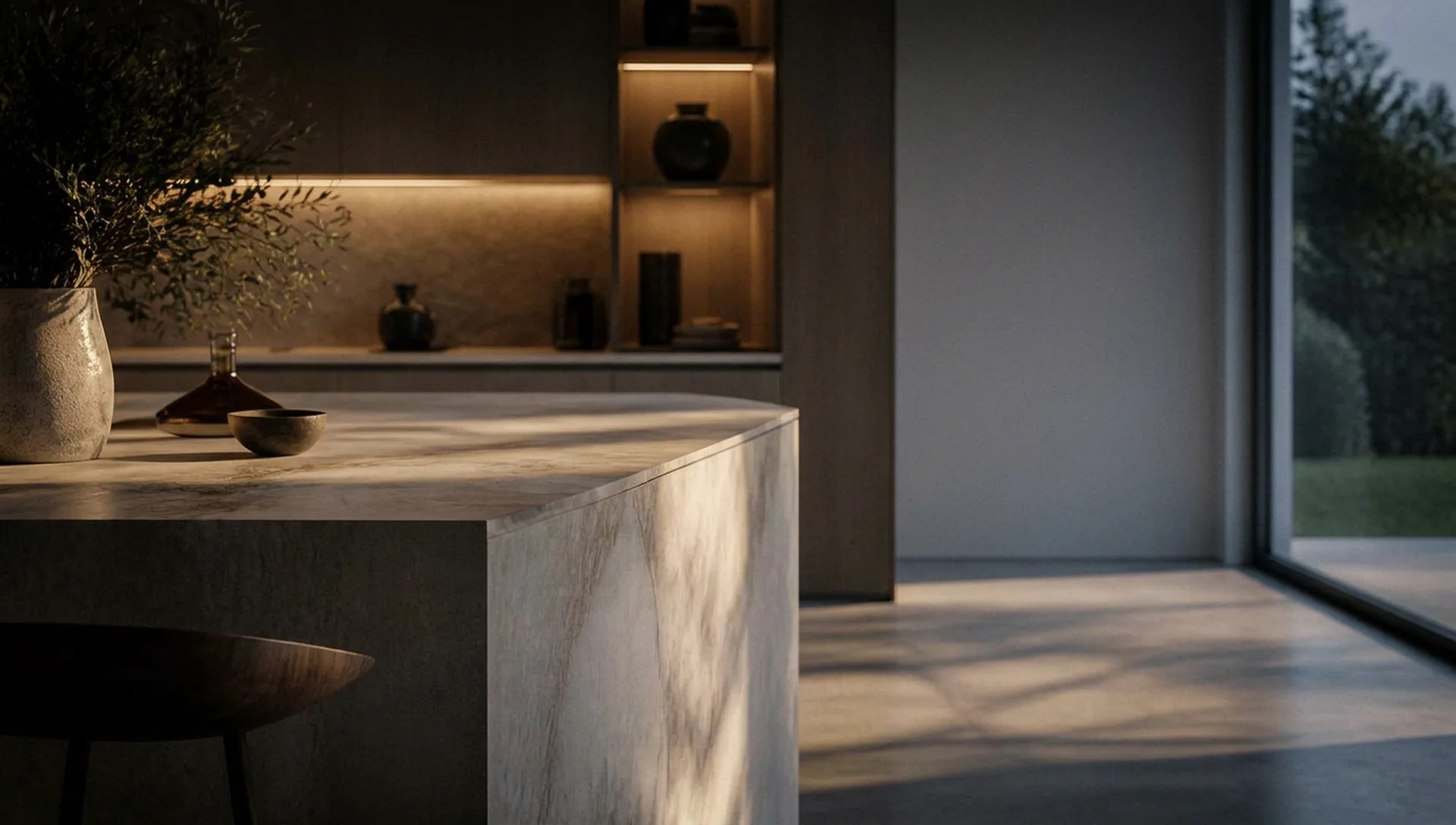 Kitchen island with a pale veined worktop in soft evening light, warm shelf lighting behind