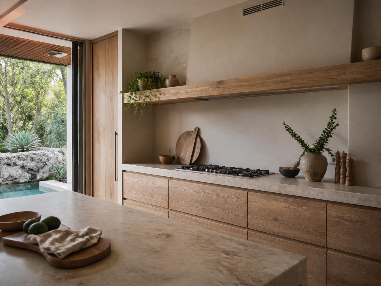 Natural timber kitchen with stone-inspired worktop, planting and warm earth tones
