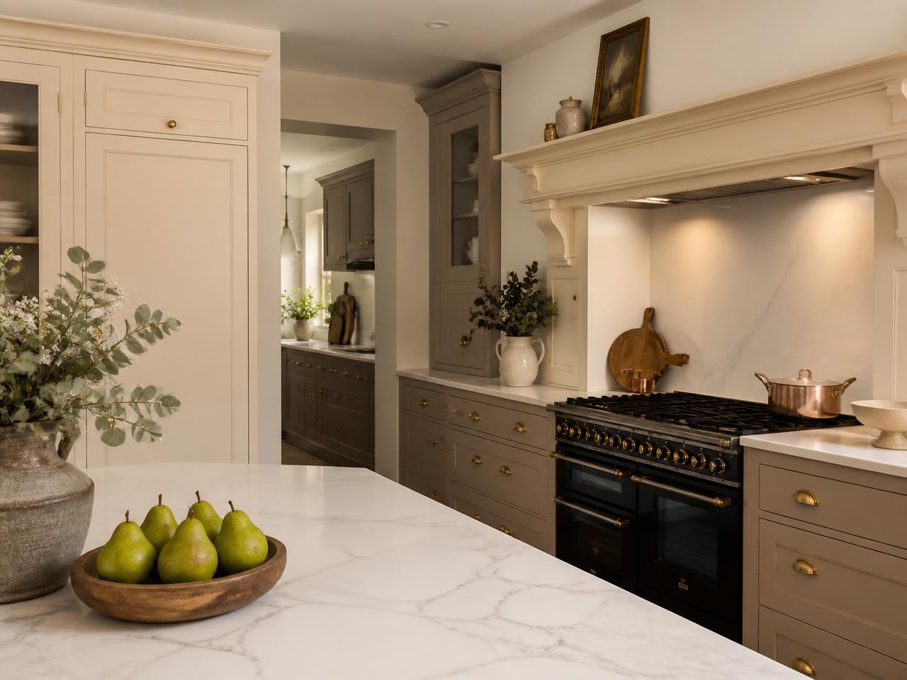 Painted shaker kitchen in ivory and taupe with brass hardware and a marble-effect worktop