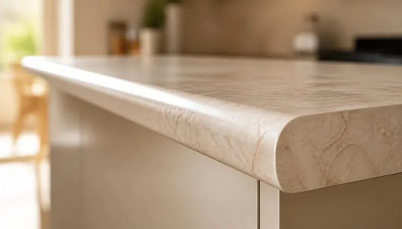 Close-up of a post-formed kitchen worktop showing the smooth rolled bullnose front edge