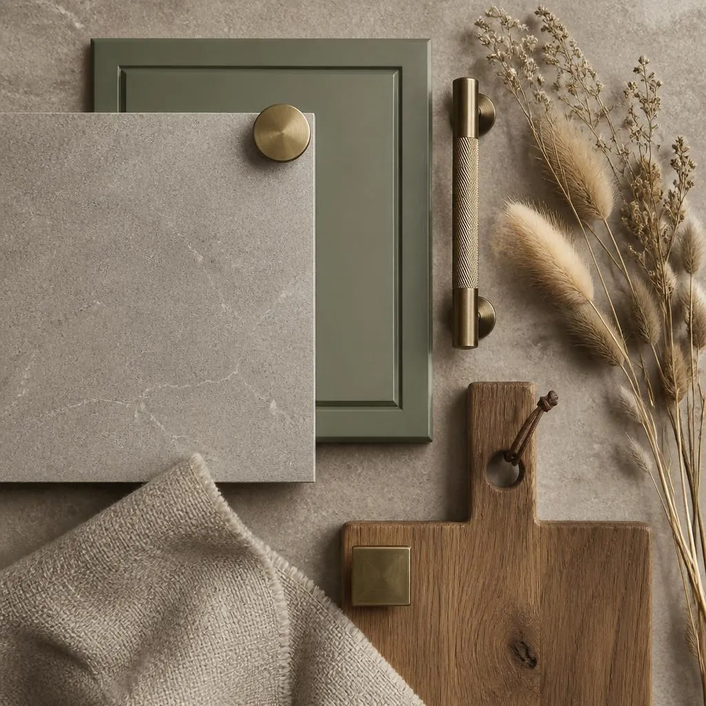 Moodboard of a warm grey stone inspired worktop sample, sage green door, aged brass handles and oak board