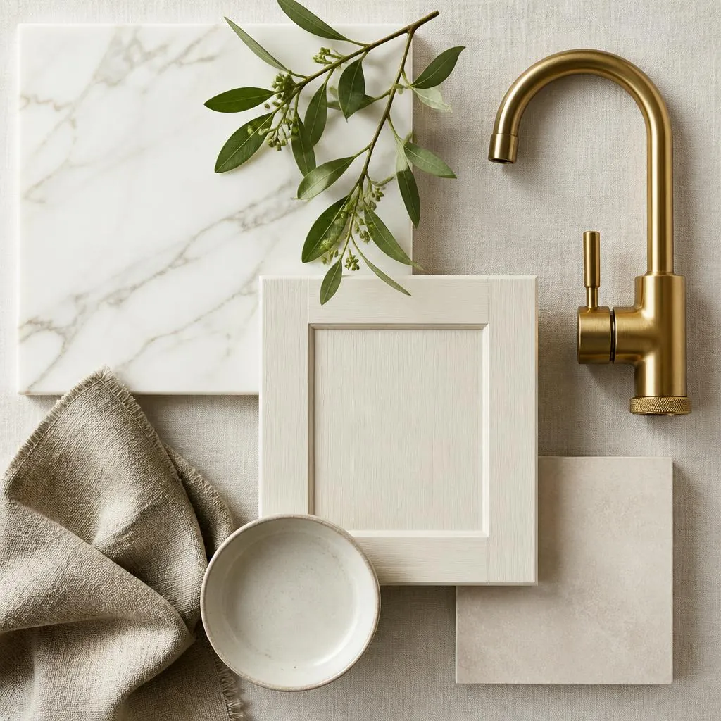 Moodboard of a pale marble inspired worktop sample, off-white painted door, brass tap and linen