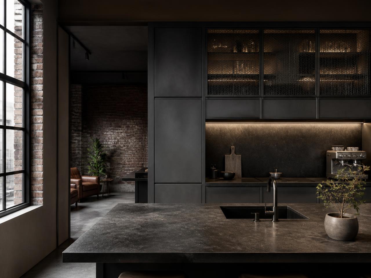 Dark industrial loft kitchen with black metal accents and a concrete-inspired worktop