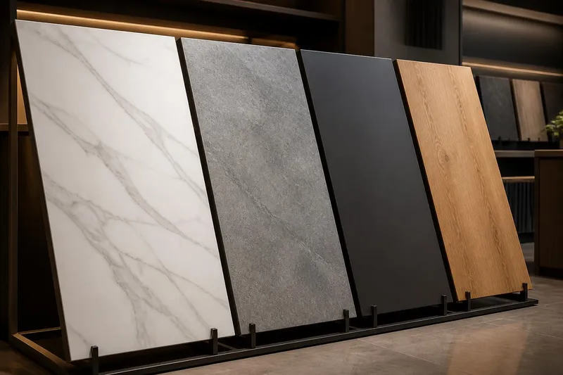 Showroom display of full-sheet worktop slabs in marble inspired, stone inspired, contemporary matt and wood effect finishes