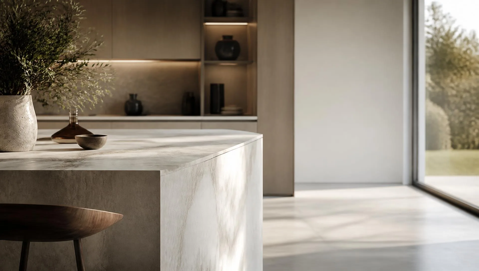 Contemporary kitchen island finished in a pale veined worktop surface with soft daylight