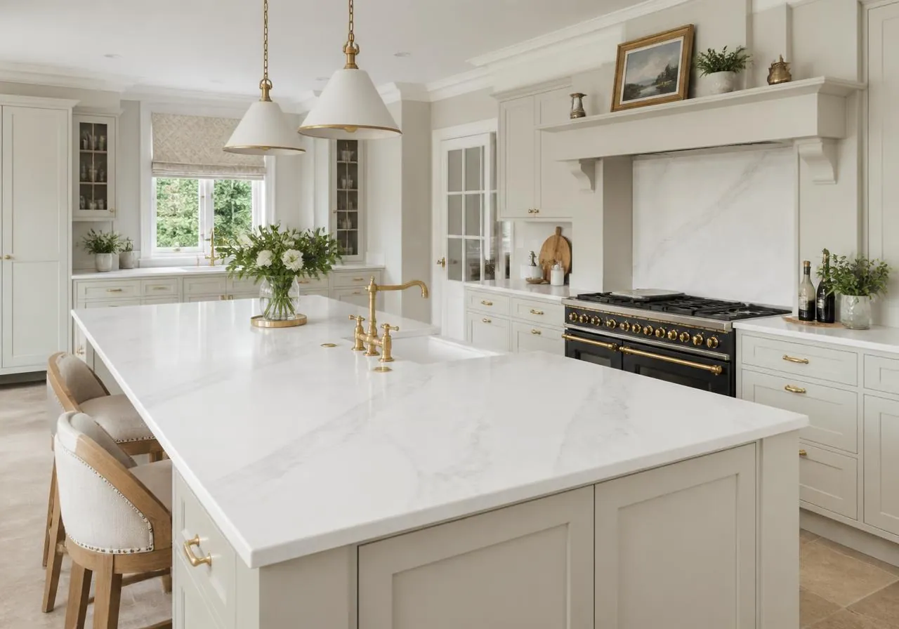 Cream shaker kitchen island topped with a white marble inspired worktop and brass tap