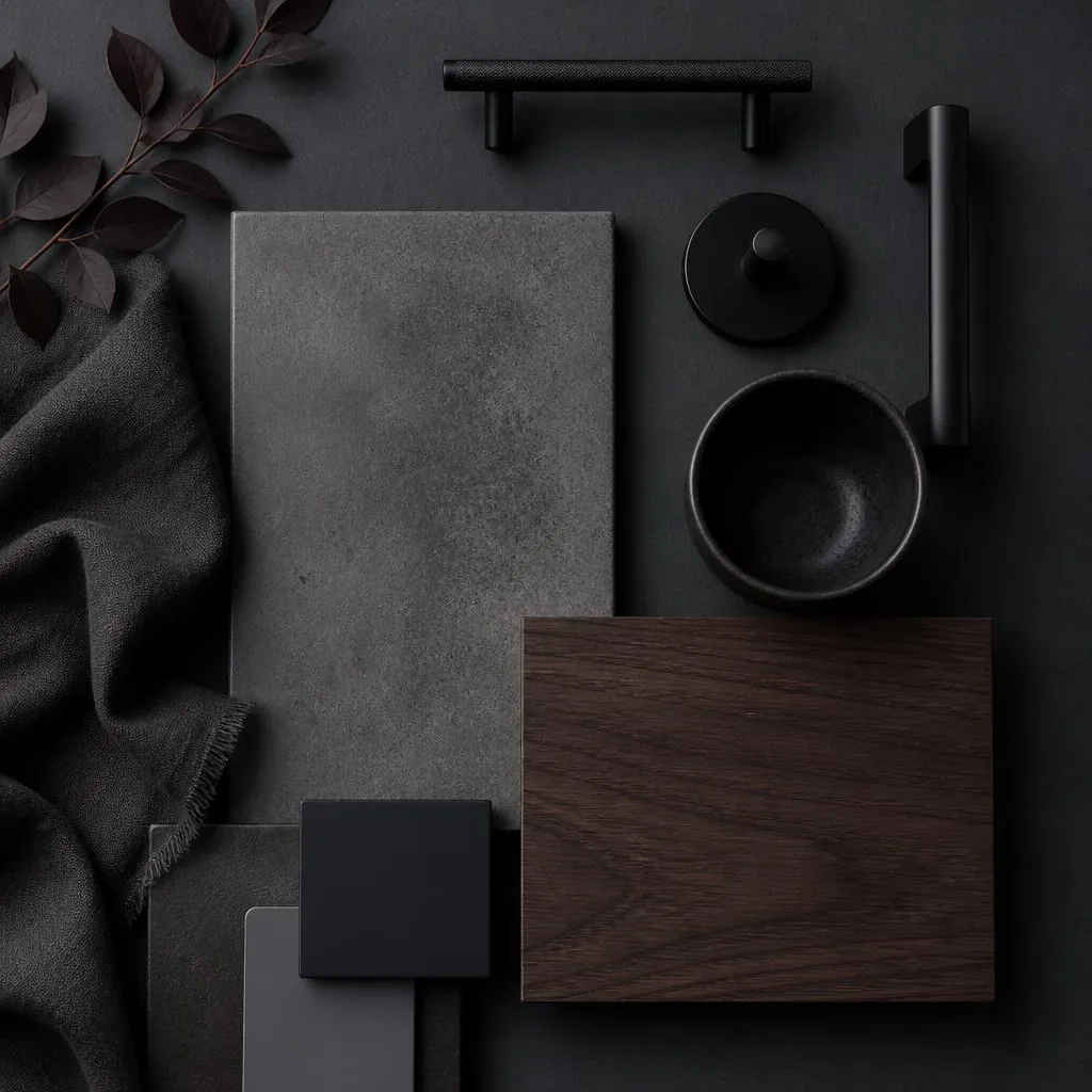 Dark moodboard of a graphite concrete inspired worktop sample, matt black handles and smoked walnut