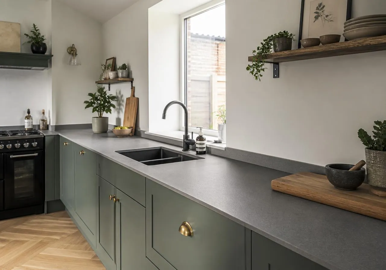 Sage green kitchen with a matt mid-grey stone inspired worktop and undermount sink