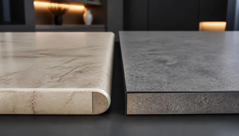 Two kitchen worktop samples side by side showing a rolled post-formed edge and a square leading edge profile